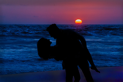 Venice-sunset beach-couple dance pose-silhouette spirits