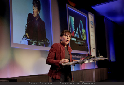 ICANN Conference - stage, Penny Pritzker Secretary of Commerce - captioned IMG_0349