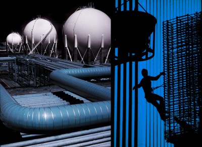 Double---Refinery,-pipes--Steel-worker-silouette