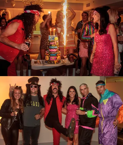 A lively 40th birthday celebration in Los Angeles during a colorful 80’s theme party. This composite image shows the birthday man dressed in a red rocker outfit blowing out candles on a neon-decorated cake with sparklers, surrounded by cheering friends in retro costumes. The second photo features the birthday man, his wife in a sparkling pink dress, and friends posing together in playful 80’s attire, smiling, laughing, and striking fun party poses. Photo by Los Angeles event photographer Gregory Mancuso.