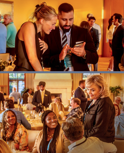 Los-Angeles-corporate-event-photography-for-Olympus-company-shows-photo-of-people-at-dinner-table-conversation-and-couple-sharing-and-viewing-phone-images-2