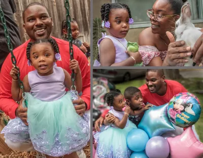 A 4-year-old girl enjoys her birthday party in her Los Angeles backyard. Her father hugs her on a swing as her mother shows her a rabbit to pet.