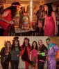 A lively 40th birthday celebration in Los Angeles during a colorful 80’s theme party. This composite image shows the birthday man dressed in a red rocker outfit blowing out candles on a neon-decorated cake with sparklers, surrounded by cheering friends in retro costumes. The second photo features the birthday man, his wife in a sparkling pink dress, and friends posing together in playful 80’s attire, smiling, laughing, and striking fun party poses. Photo by Los Angeles event photographer Gregory Mancuso.