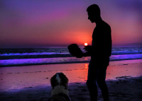 Playing catch, baseball mitt, dog, sunset at venice beach ocean -  IMG_0166