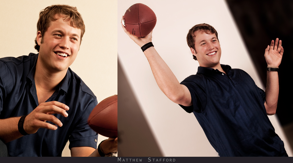 Photo of Matthew Stafford, an NFL quarterback, shot in Santa Monica by a corporate photographer for a Axe hair product advertisement
