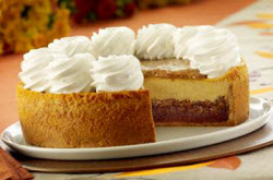 Recipes-Cheesecake Factory pumpkin pecan cheesecake, whole from side, t