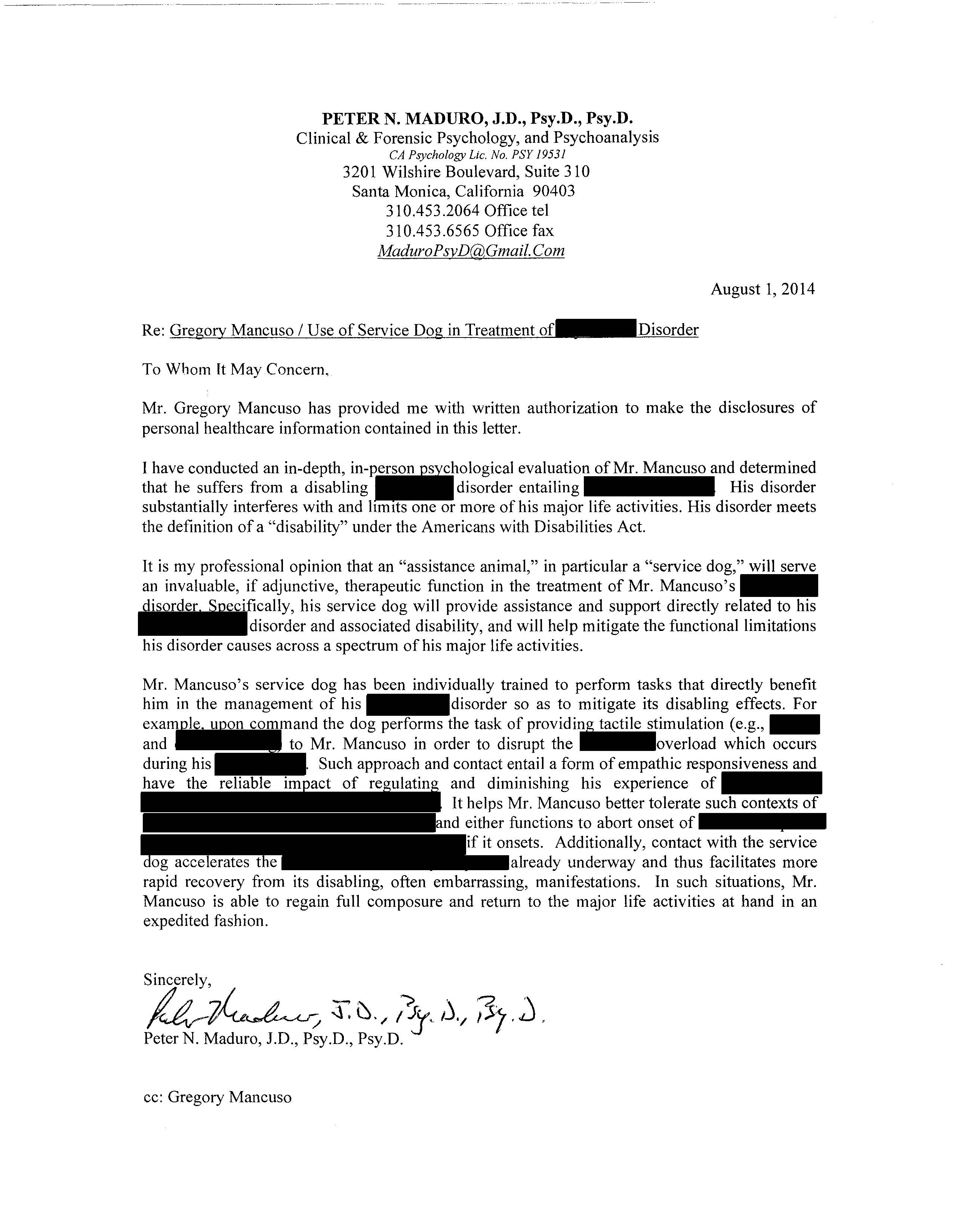 Service Dog Letter - Dr Peter Maduro_Redacted