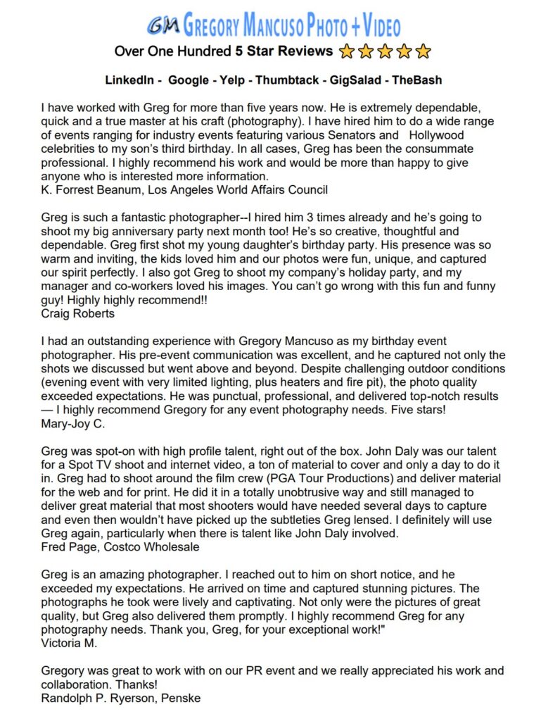 Over 100 5 Star Reviews from clients of Gregory Mancuso Photography and Videography